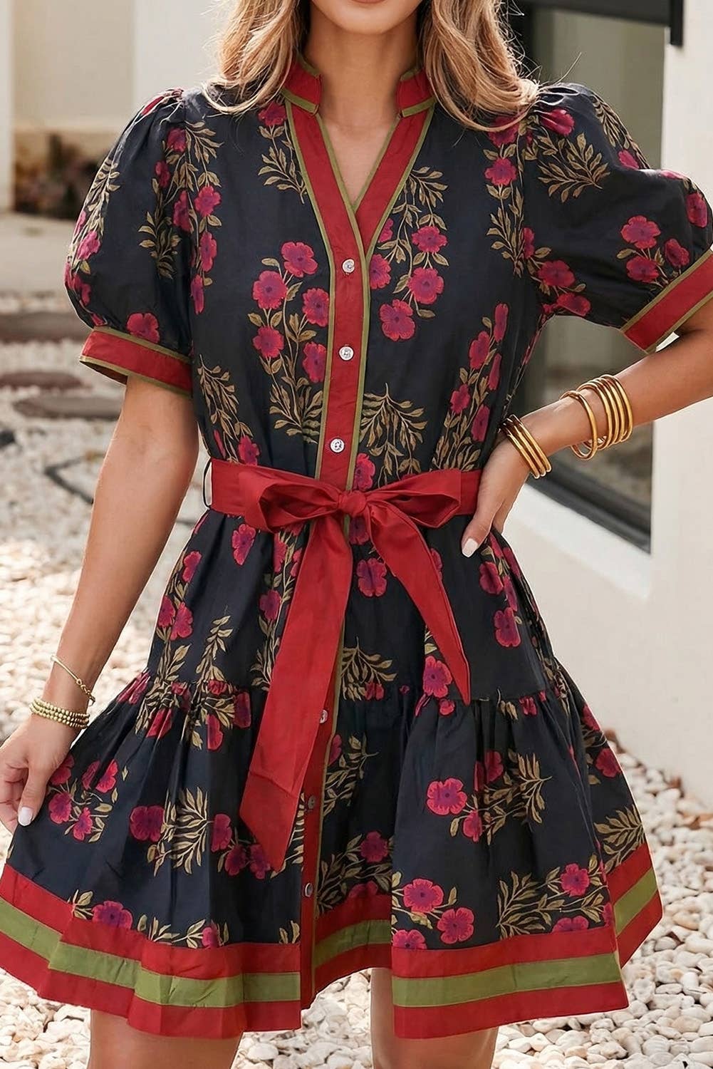 Little Daisy Closet - Retro Floral Button-Down Belted Puff Sleeve Mini Dress