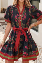 Little Daisy Closet - Retro Floral Button-Down Belted Puff Sleeve Mini Dress