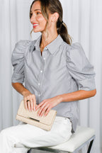 Vine & Love - Striped Collared Neck Short Puff Sleeve Blouse Top