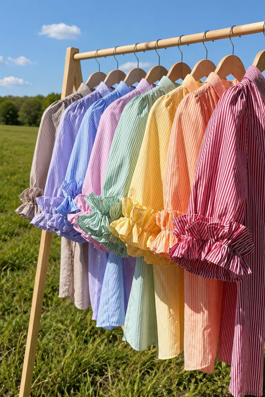 Vine & Love - Ruffle Accent Striped Short Puff Sleeve Shirts Top