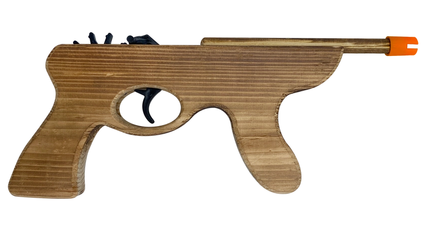 A wooden toy rifle or blaster accessory with a curved brown wood-grain body, an orange tip, and a black trigger, isolated on a white background.