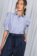 Vine & Love - Striped Collared Neck Short Puff Sleeve Blouse Top