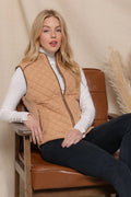Suede Piping Detail Rib Quilted Padding Vest-Caramel 1XL