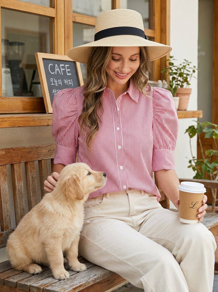 Vine & Love - Striped Collared Neck Short Puff Sleeve Blouse Top