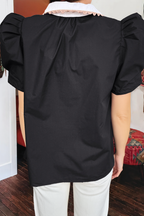 fashionworks - Ricrac Trim Patched Shirt Collar Short Sleeve Blouse: Green / XL