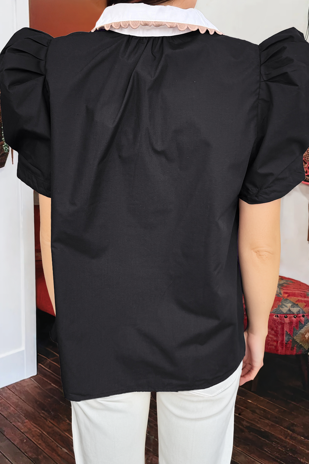 fashionworks - Ricrac Trim Patched Shirt Collar Short Sleeve Blouse: Black / XL