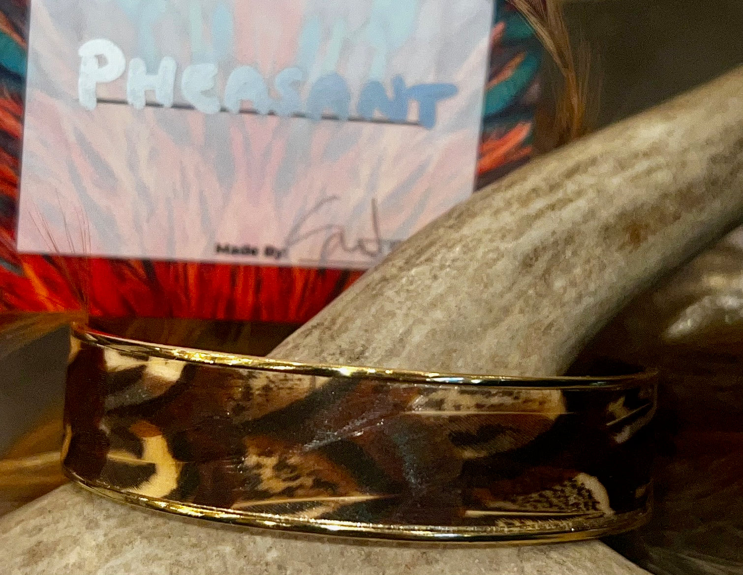 MONARCH  MARIPOSA FEATHER CUFF BRACELET- WIDE BROWN PHEASANT 1