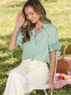 Vine & Love - Ruffle Accent Striped Short Puff Sleeve Shirts Top