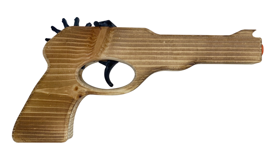 A wooden replica pistol or prop gun with a light brown wood grain finish, featuring a circular cutout in the center and a small orange tip at the top, isolated on a white background.