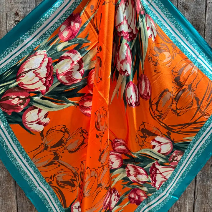 Teal and Orange Floral Wild Rag  Scarf