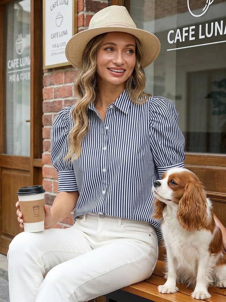 Vine & Love - Striped Collared Neck Short Puff Sleeve Blouse Top