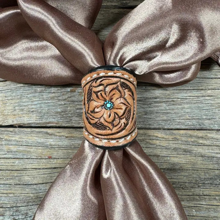 Tooled Leather Wild Rag Slides -TEAL DOT FLORAL