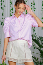 Vine & Love - Striped Collared Neck Short Puff Sleeve Blouse Top