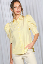 Vine & Love - Striped Collared Neck Short Puff Sleeve Blouse Top