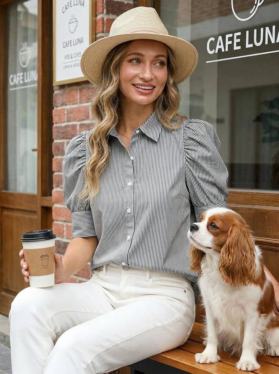 Vine & Love - Striped Collared Neck Short Puff Sleeve Blouse Top