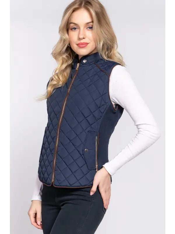 Suede Piping Detail Rib Quilted Padding Vest-Navy 2X