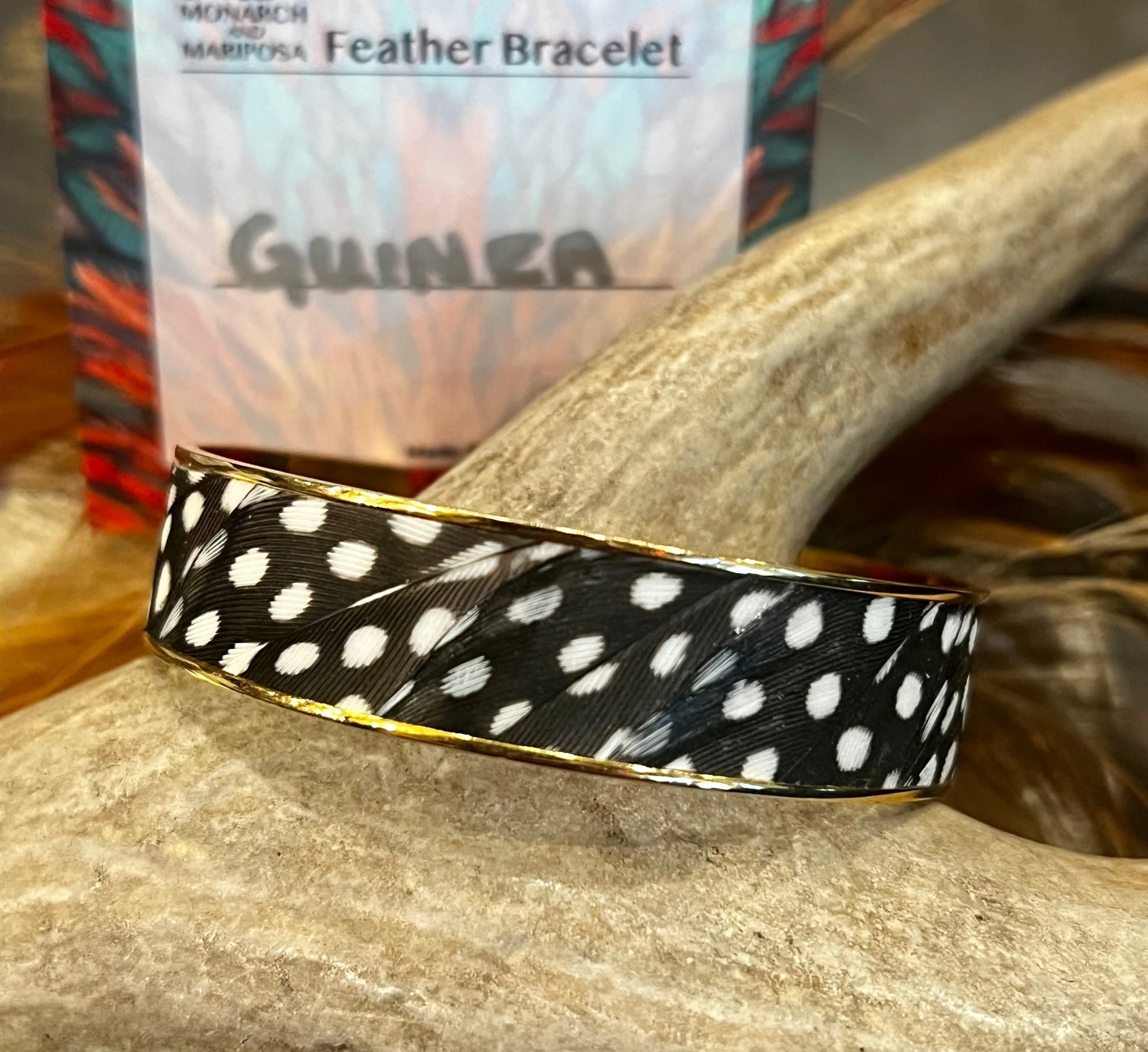 MONARCH  MARIPOSA FEATHER CUFF BRACELET- WIDE GUINEA 4