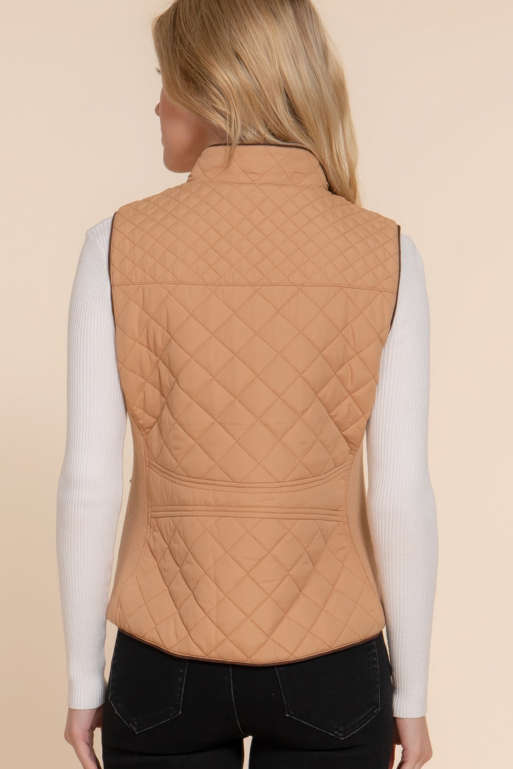Active Basic -Women's Suede Piping Detail Rib Quilted Padding Caramel Vest