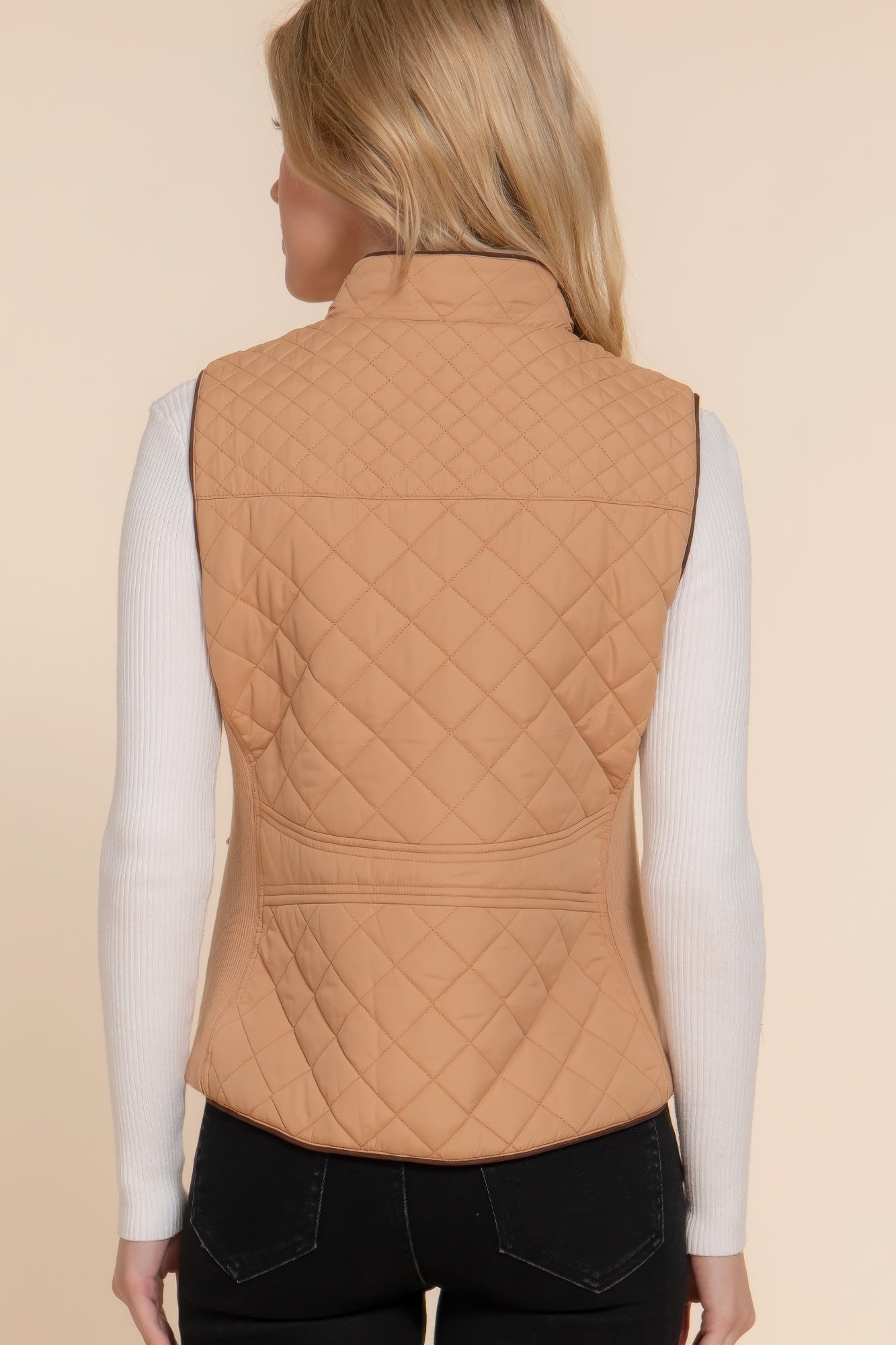 Active Basic -Women's Suede Piping Detail Rib Quilted Padding Caramel Vest
