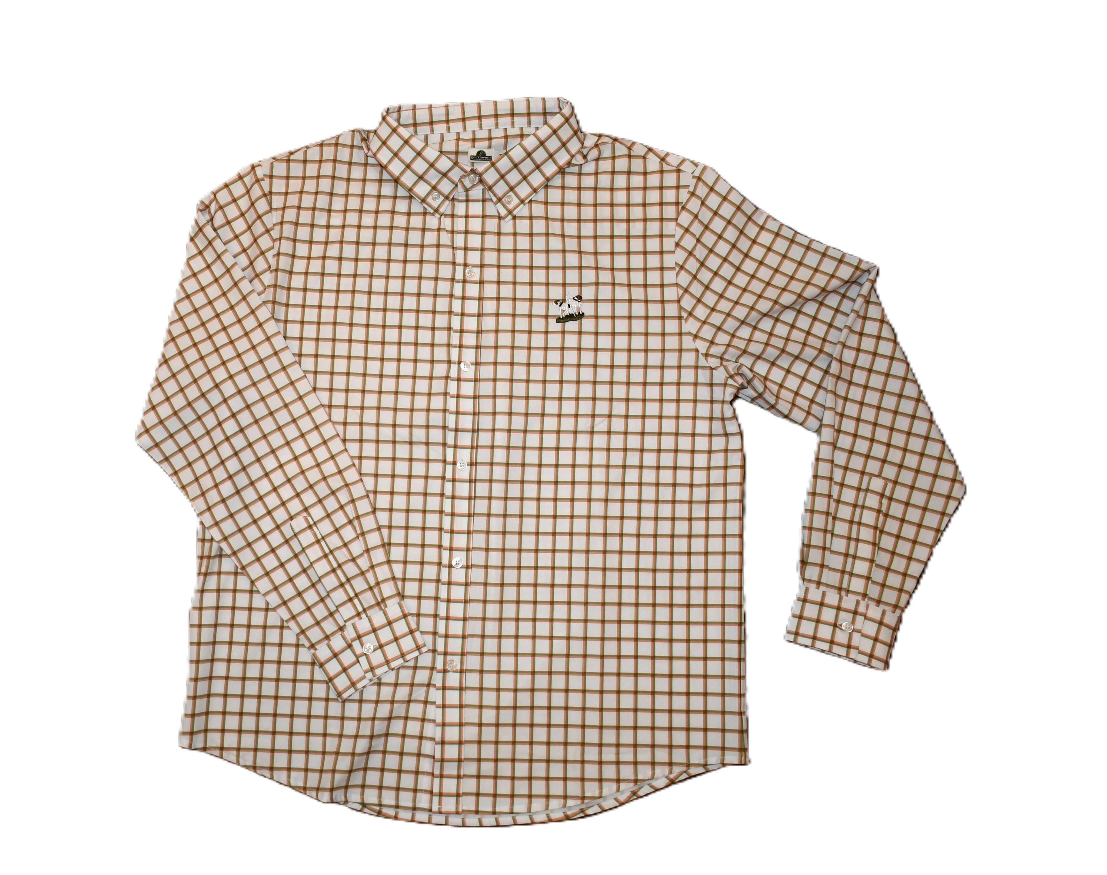 Southwind's Performance Button Down Green/Orange Plaid Long Sleeve Shirt