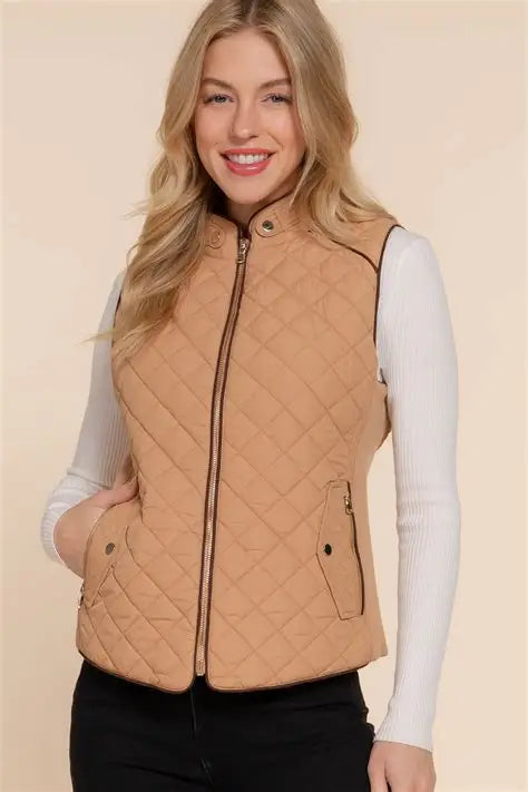 Active Basic -Women's Suede Piping Detail Rib Quilted Padding Caramel Vest