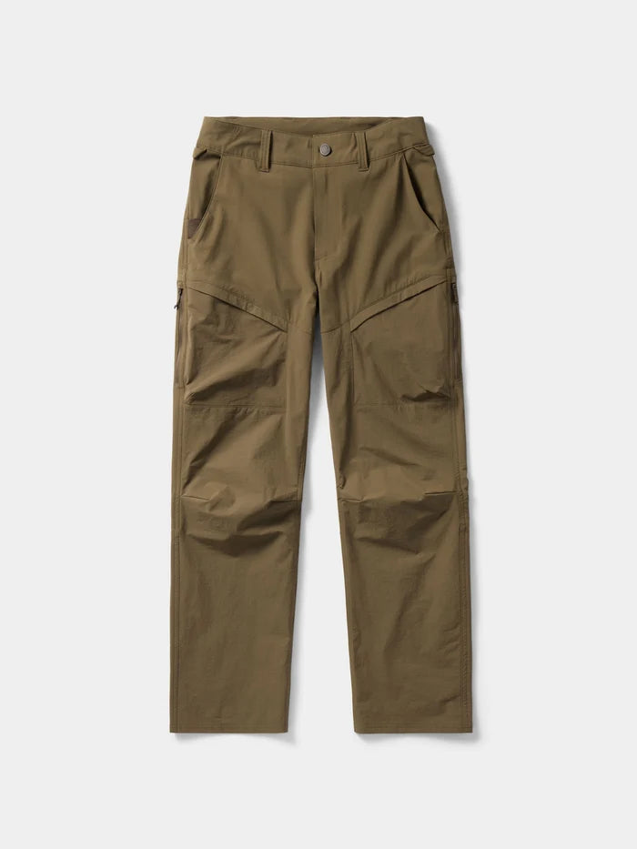 A pair of olive brown cargo pants shown flat against a light gray background.