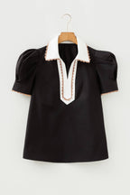 fashionworks - Ricrac Trim Patched Shirt Collar Short Sleeve Blouse