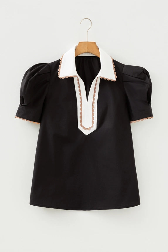 Fashionworks Ricrac Trim Patched Shirt Collar Short Sleeve Blouse