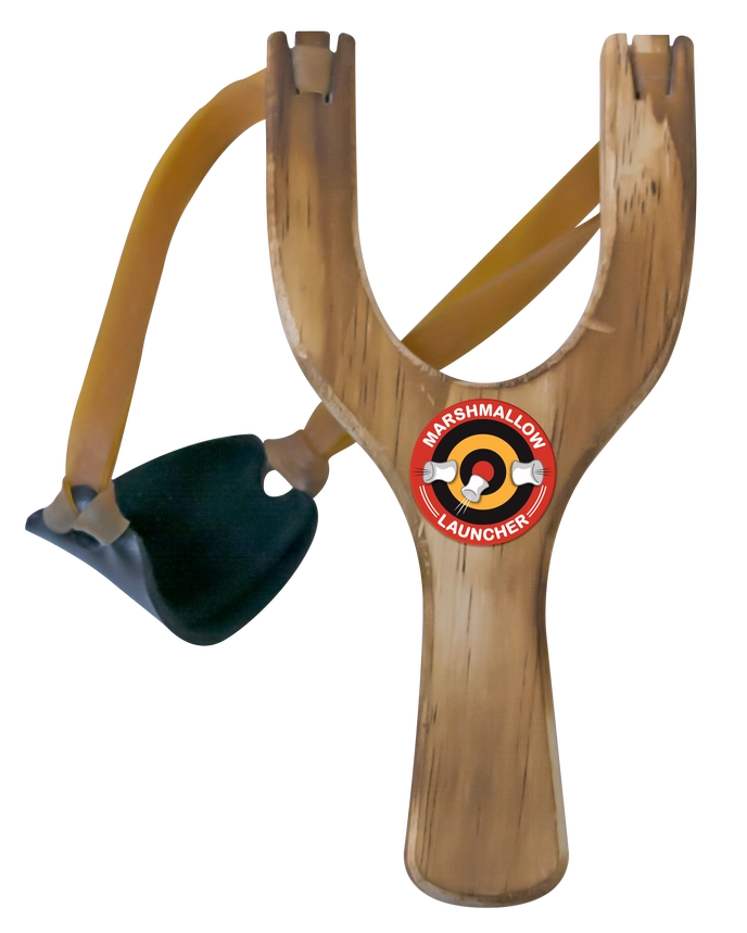 A wooden Y-shaped slingshot toy with yellow elastic bands and a black projectile pouch, featuring a circular 'Marshmallow Launcher' logo on the front.