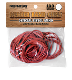 A 100-count pack of red rubber band guns by Fun Factory Candy & Novelty Co., packaged in a clear plastic bag with a wooden-textured header card.