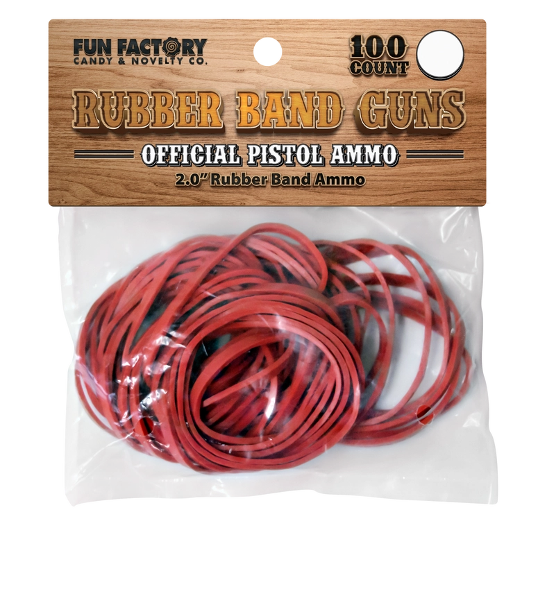 A 100-count pack of red rubber band guns by Fun Factory Candy & Novelty Co., packaged in a clear plastic bag with a wooden-textured header card.