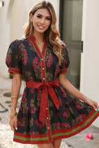 Little Daisy Closet - Retro Floral Button-Down Belted Puff Sleeve Mini Dress