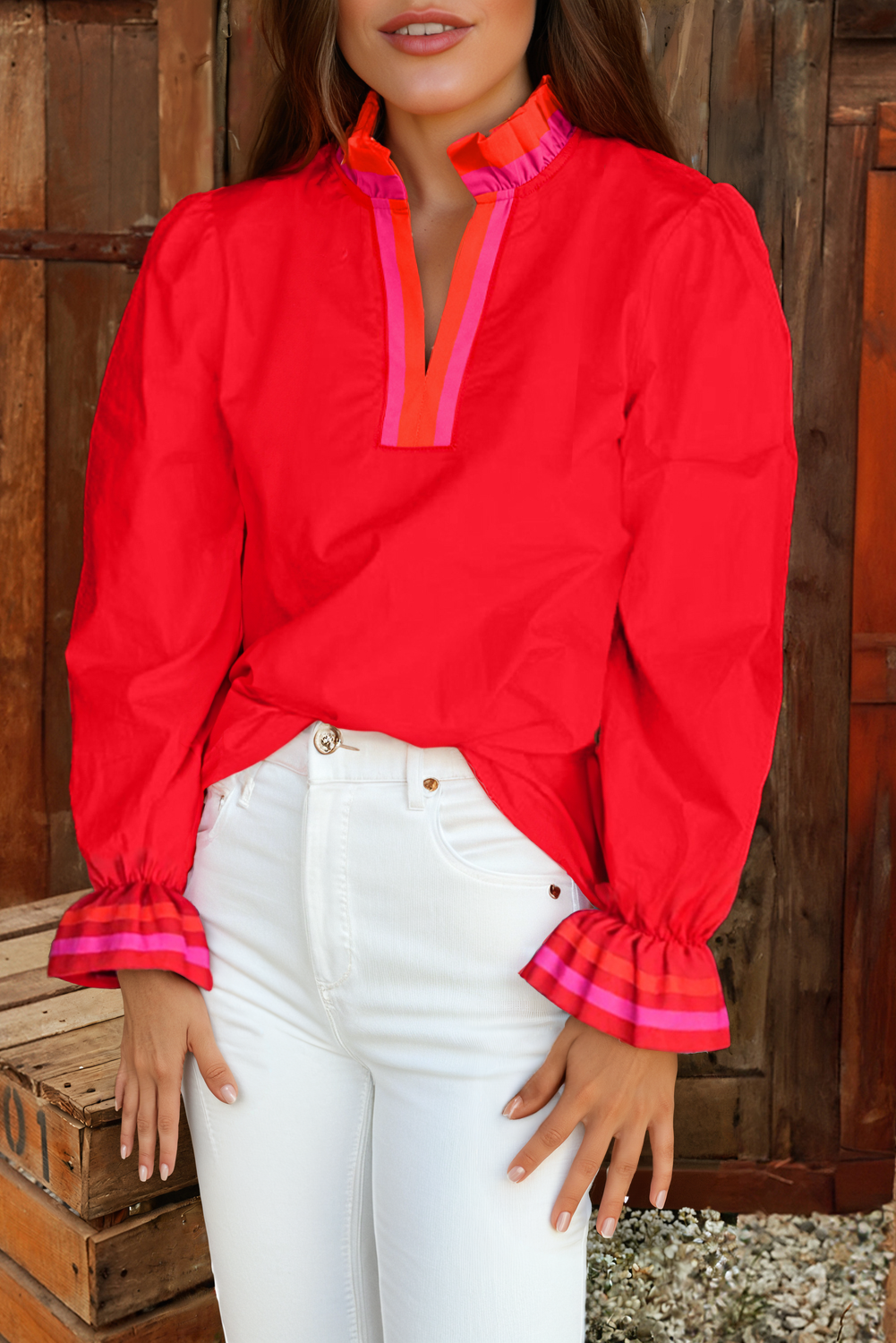 fashionworks - Striped Trim Ruffle Split Neck Long Sleeve Blouse: Fiery Red / S