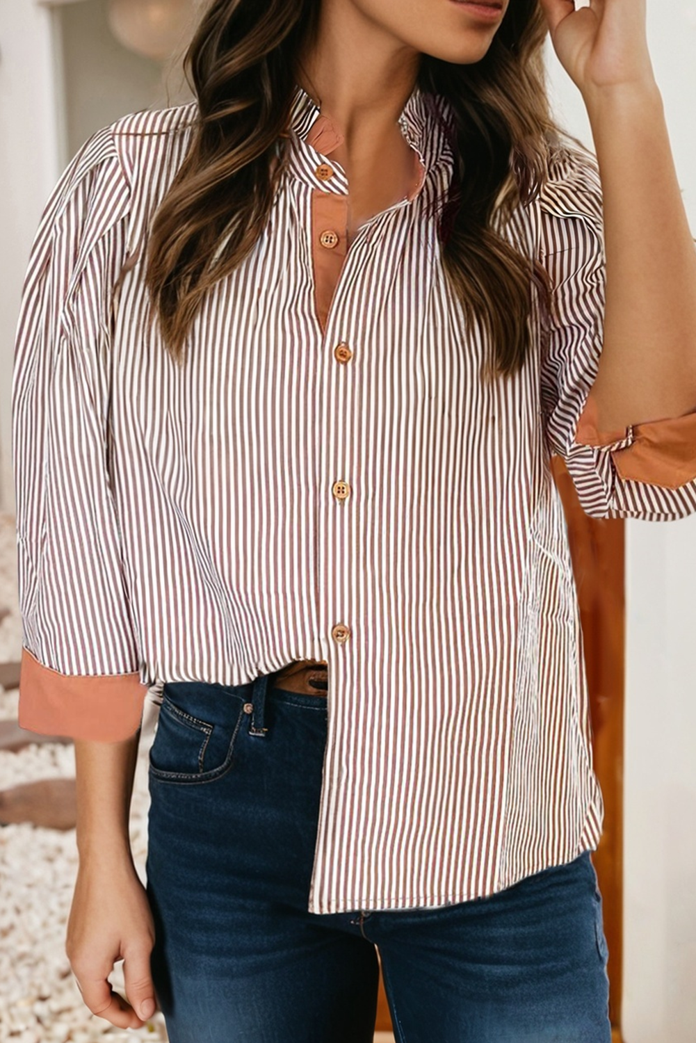 Little Daisy Closet- Women's Striped Frilled Collar Button Down