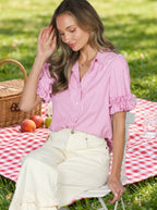 Vine & Love - Ruffle Accent Striped Short Puff Sleeve Shirts Top