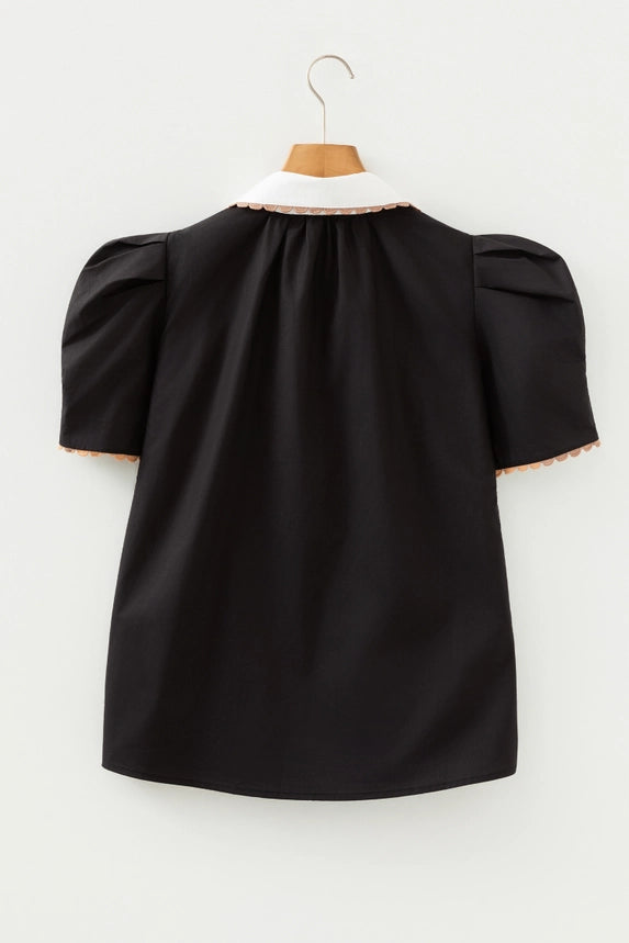 Fashionworks Ricrac Trim Patched Shirt Collar Short Sleeve Blouse