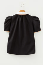 Fashionworks Ricrac Trim Patched Shirt Collar Short Sleeve Blouse