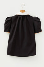 fashionworks - Ricrac Trim Patched Shirt Collar Short Sleeve Blouse: Black / M