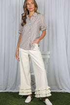 Vine & Love - Ruffle Accent Striped Short Puff Sleeve Shirts Top