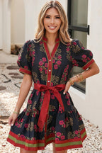 Little Daisy Closet - Retro Floral Button-Down Belted Puff Sleeve Mini Dress