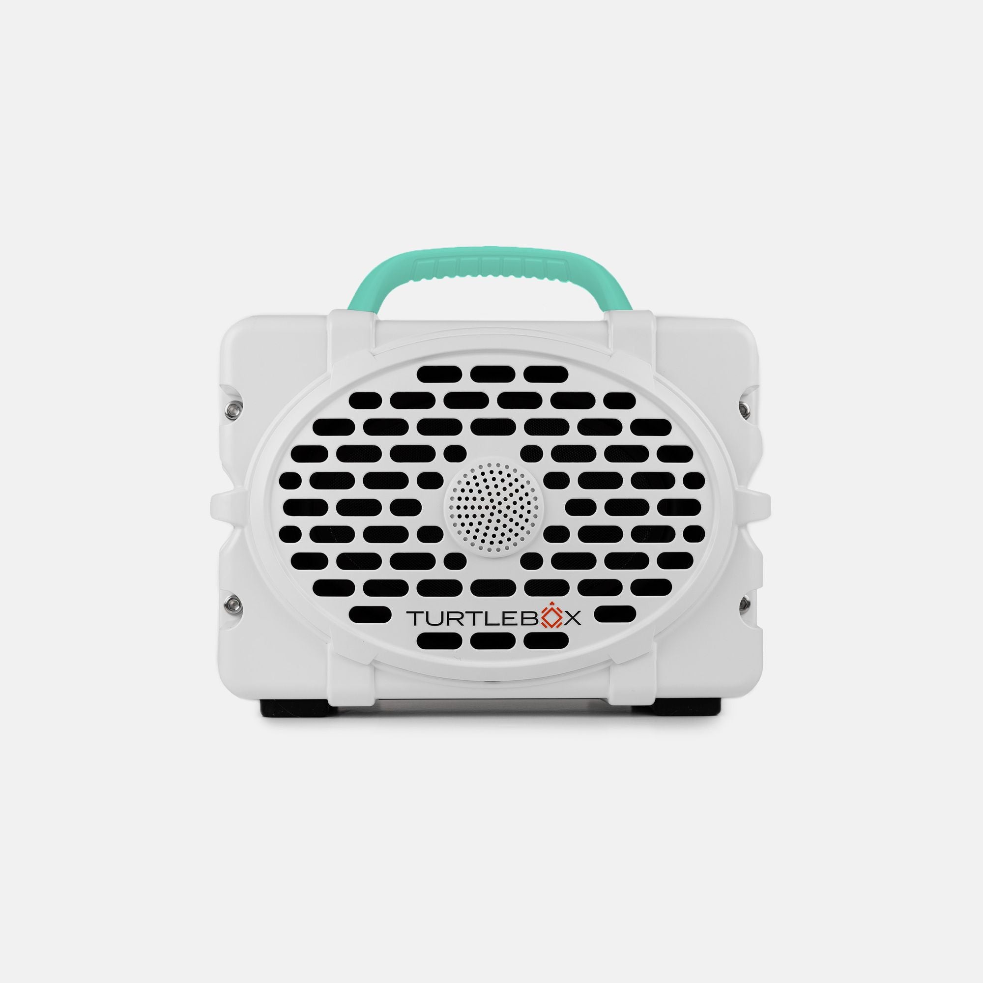 A white TurtleBox portable speaker with a mint green handle and black front grille, shown against a light gray background.