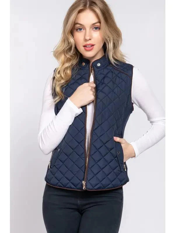 Active Basic-Women's Suede Piping Detail Rib Quilted Padding Navy Vest